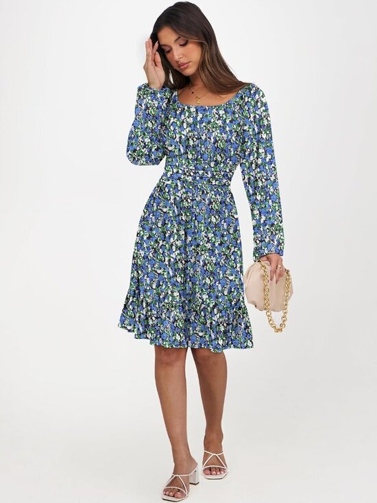Dresses & Skirts - Women's Blue Black Long Lantern Sleeve Ruffle Flowy Swing A-Line Short Dress